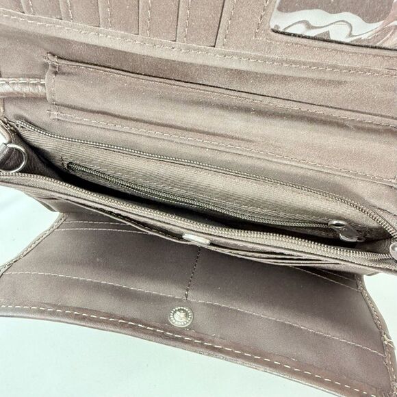 Fossil Brown Leather Exposed Stitch Trifold Crossbody Organizer Wallet Mini Bag - Picture 12 of 16